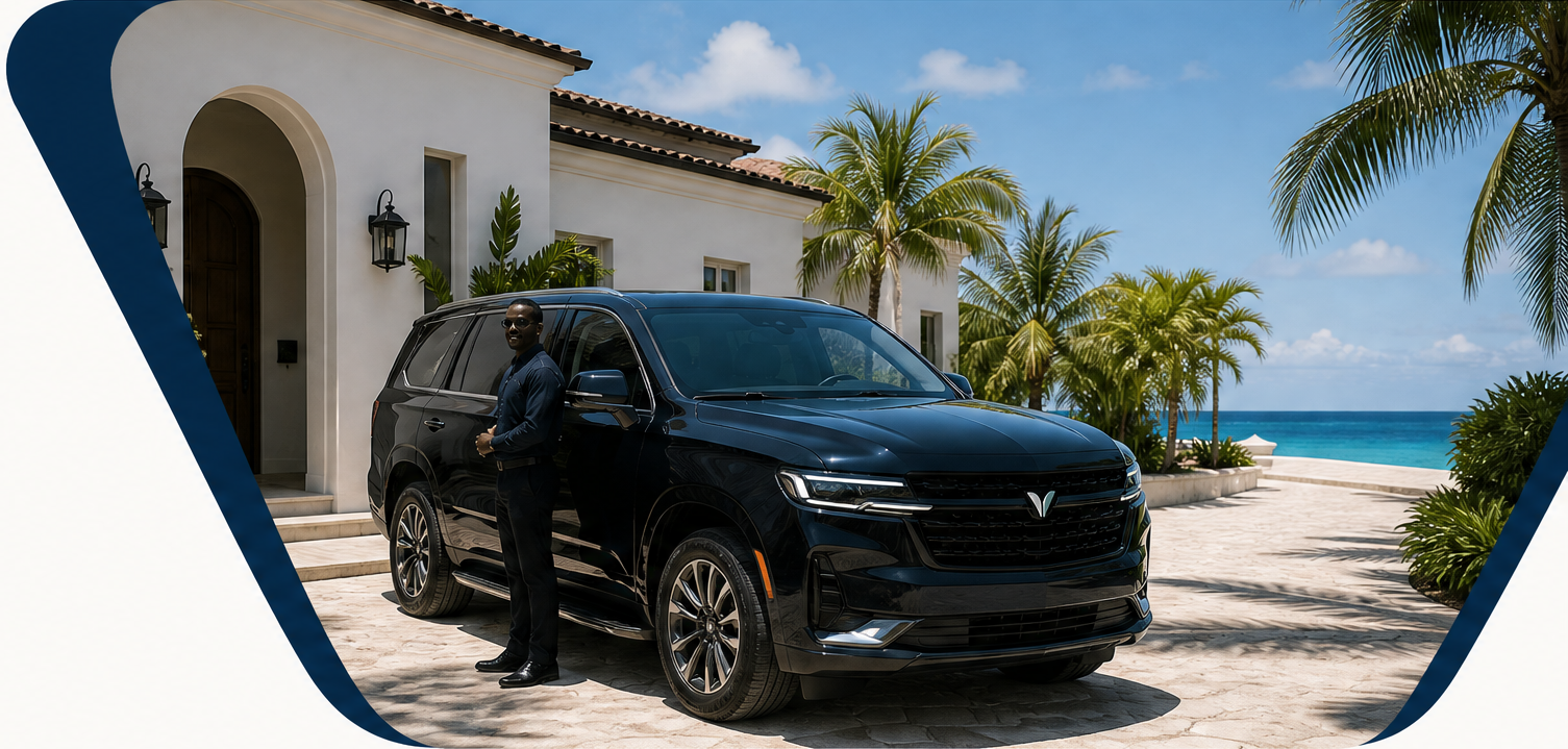 Un chofer uniformado de VenYa junto a una SUV negra recién detallada en una villa frente al mar, enmarcado dentro de la silueta azul marino de VenYa