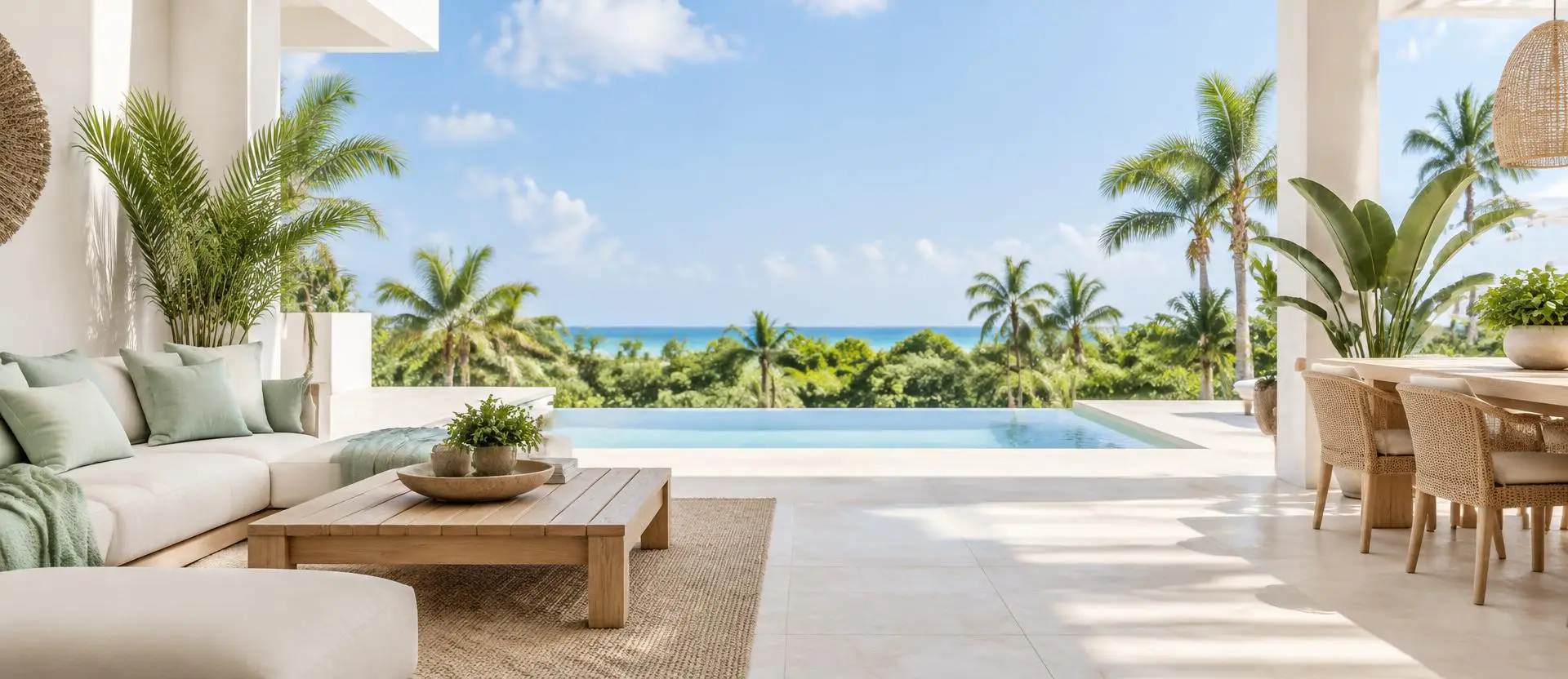 Terraza abierta de una villa en Punta Cana con cojines mint, palmeras y piscina frente al mar