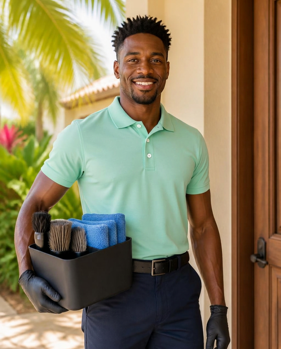 Un técnico de VenYa sonriendo, con polo azul marino y mangas con detalle en menta, sosteniendo una caja de cepillos y toallas de microfibra en la entrada de una villa